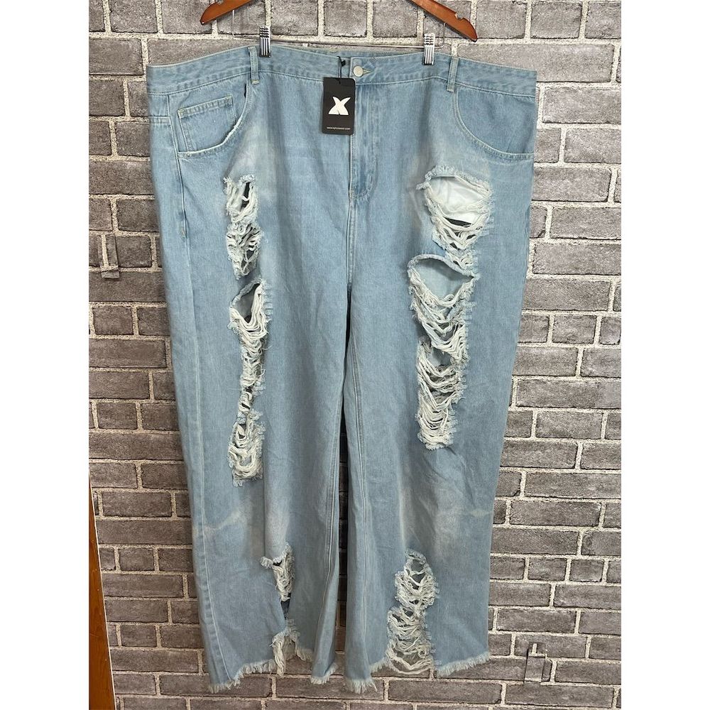 XPluswear Women's 5XL Distressed High Rise Baggy Jeans Blue -Plus Size Jeans